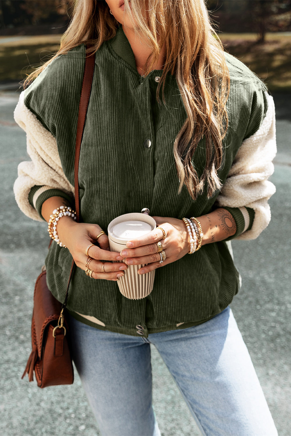 Mist Green Corduroy Fleece Patchwork Buttoned Bomber Jacket - Viraxa