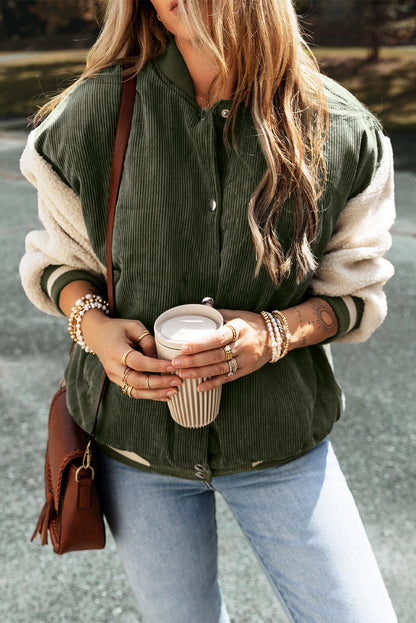 Mist Green Corduroy Fleece Patchwork Buttoned Bomber Jacket - Viraxa