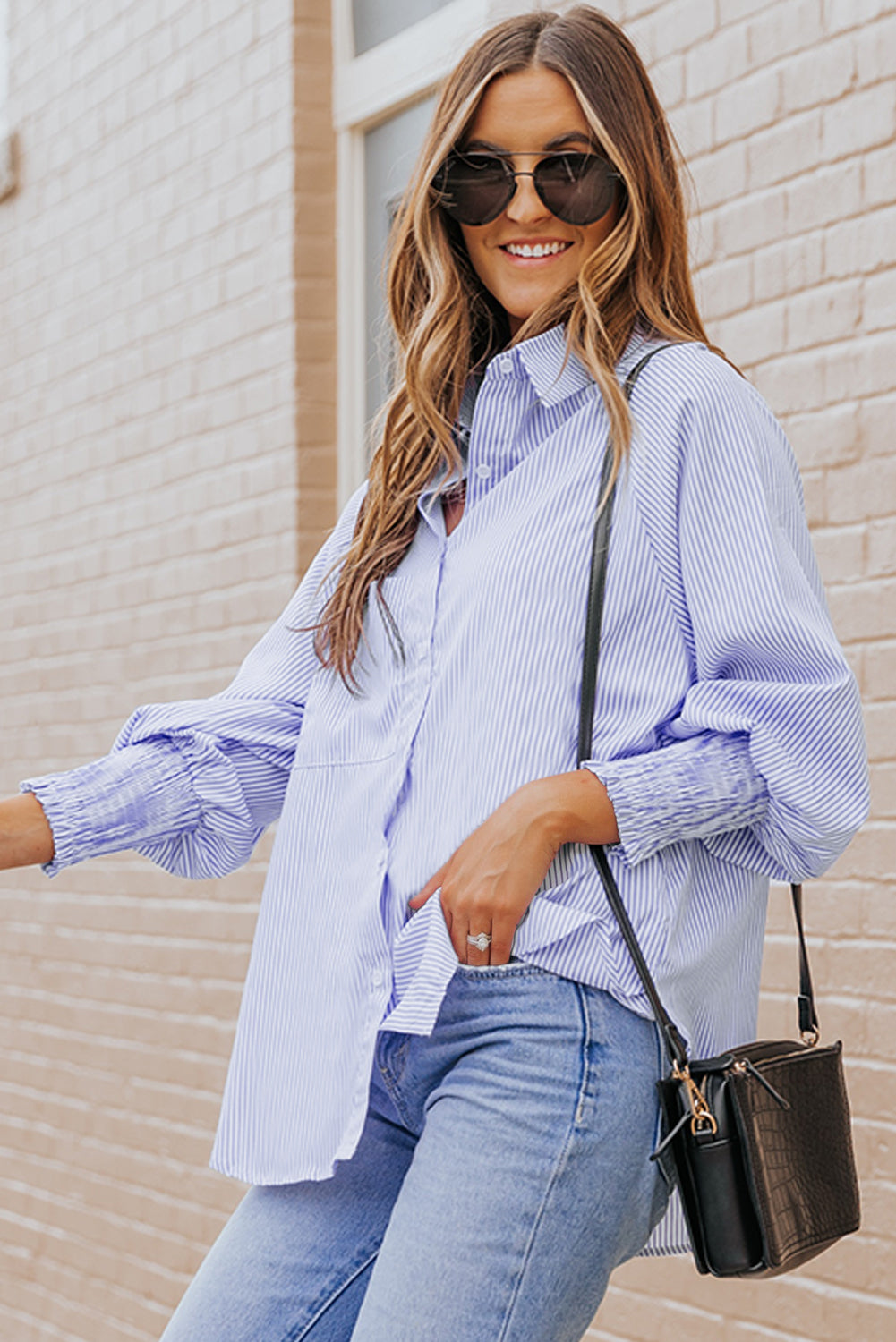 Sky Blue Smocked Cuffed Striped Boyfriend Shirt with Pocket - Viraxa