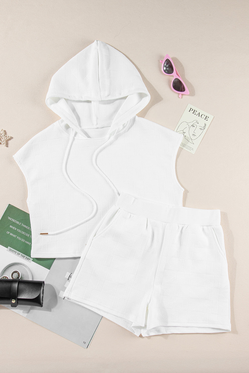 White Textured Cropped Hoodie and Shorts Set - Viraxa