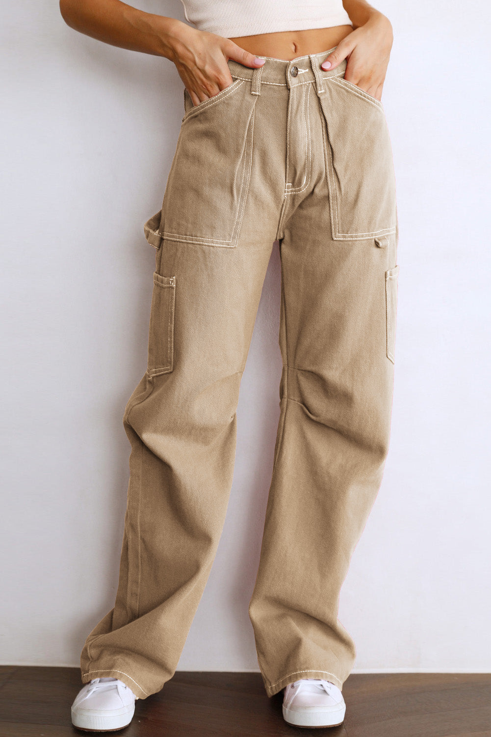 Khaki High Waist Straight Leg Cargo Pants with Pockets - Viraxa