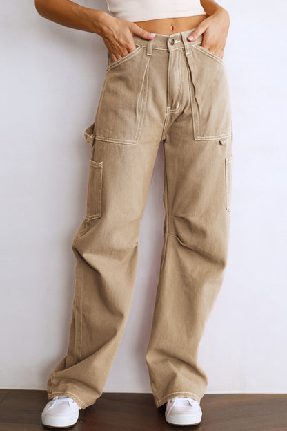 Khaki High Waist Straight Leg Cargo Pants with Pockets - Viraxa