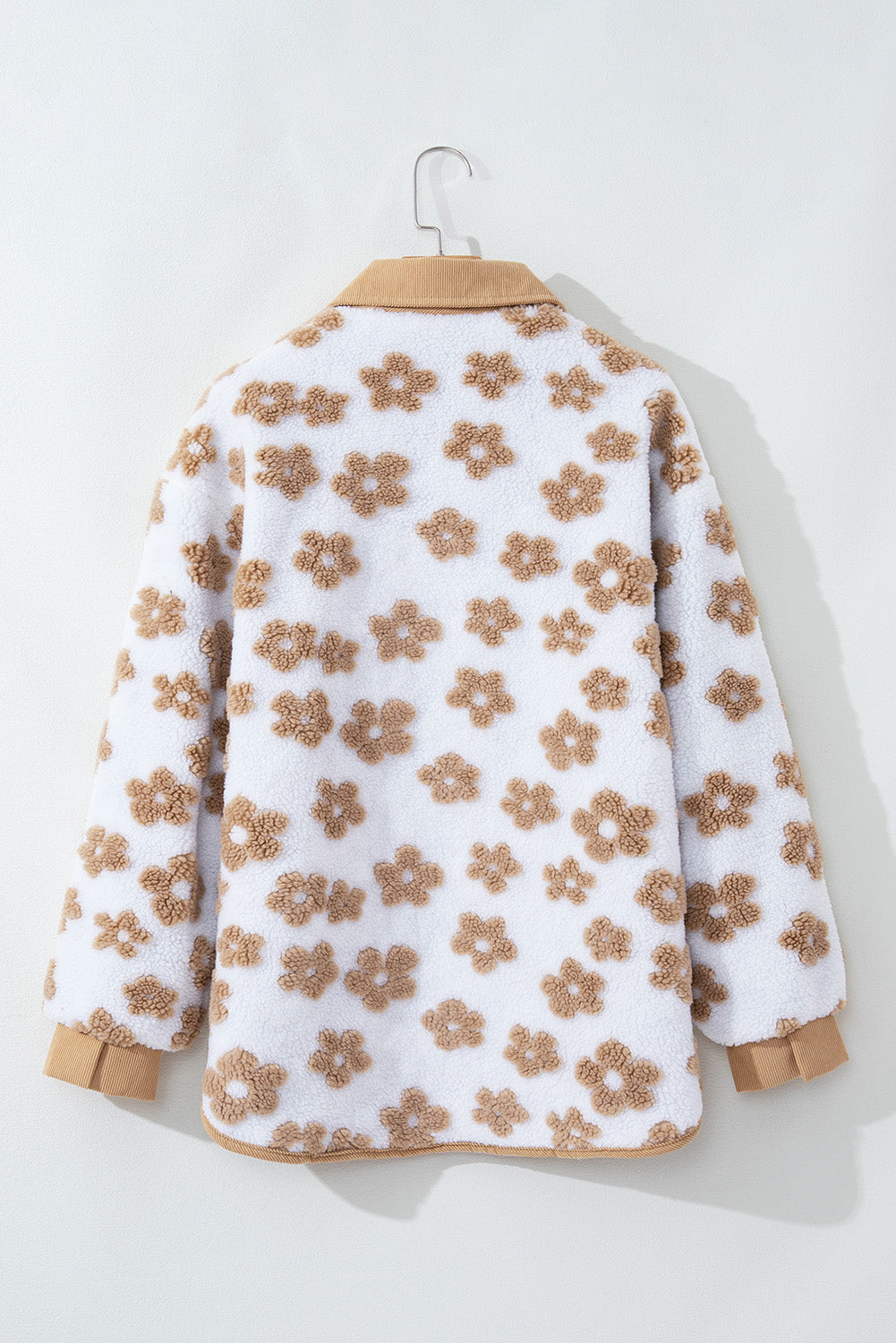Light French Beige Cute Flower Pattern Button Up Fleece Jacket - Viraxa
