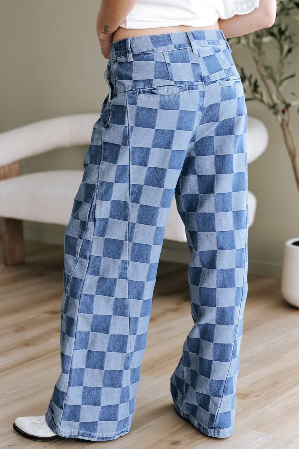 Dusk Blue Checkered Denim Wide Leg Jeans - Viraxa