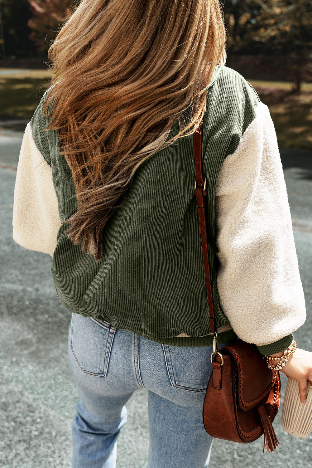 Mist Green Corduroy Fleece Patchwork Buttoned Bomber Jacket - Viraxa