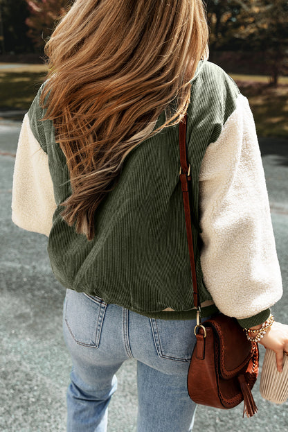 Mist Green Corduroy Fleece Patchwork Buttoned Bomber Jacket - Viraxa