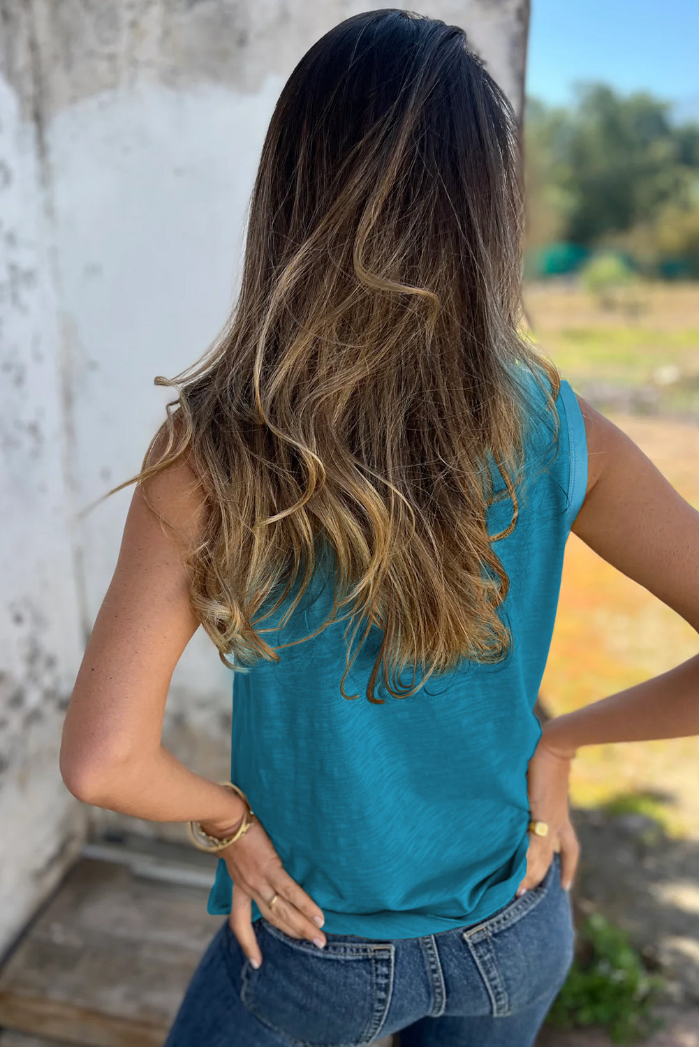 Peacock Blue Metallic Sheen Edge Scoop Neck Tank Top - Viraxa