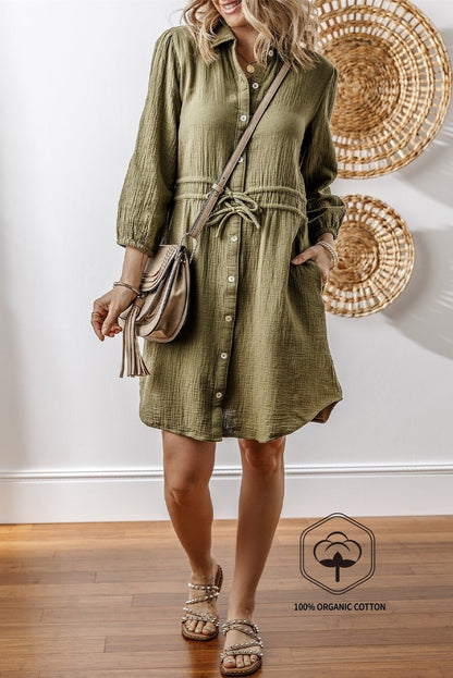 Jungle Green Textured Bracelet Sleeve Collared Button Up Dual Tied Mini Dress