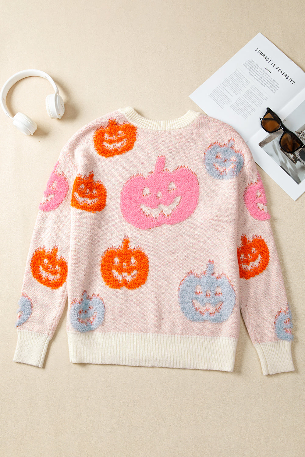 Beige Halloween Cute Pumpkin Pattern Sweater - Viraxa
