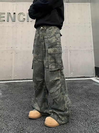American Vintage Crumpled Multi-pocket Washed Camouflage Cargo Pants