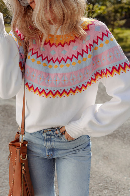 White Ethnic Geometric Colorblock Print Drop Shoulder Sweater - Viraxa