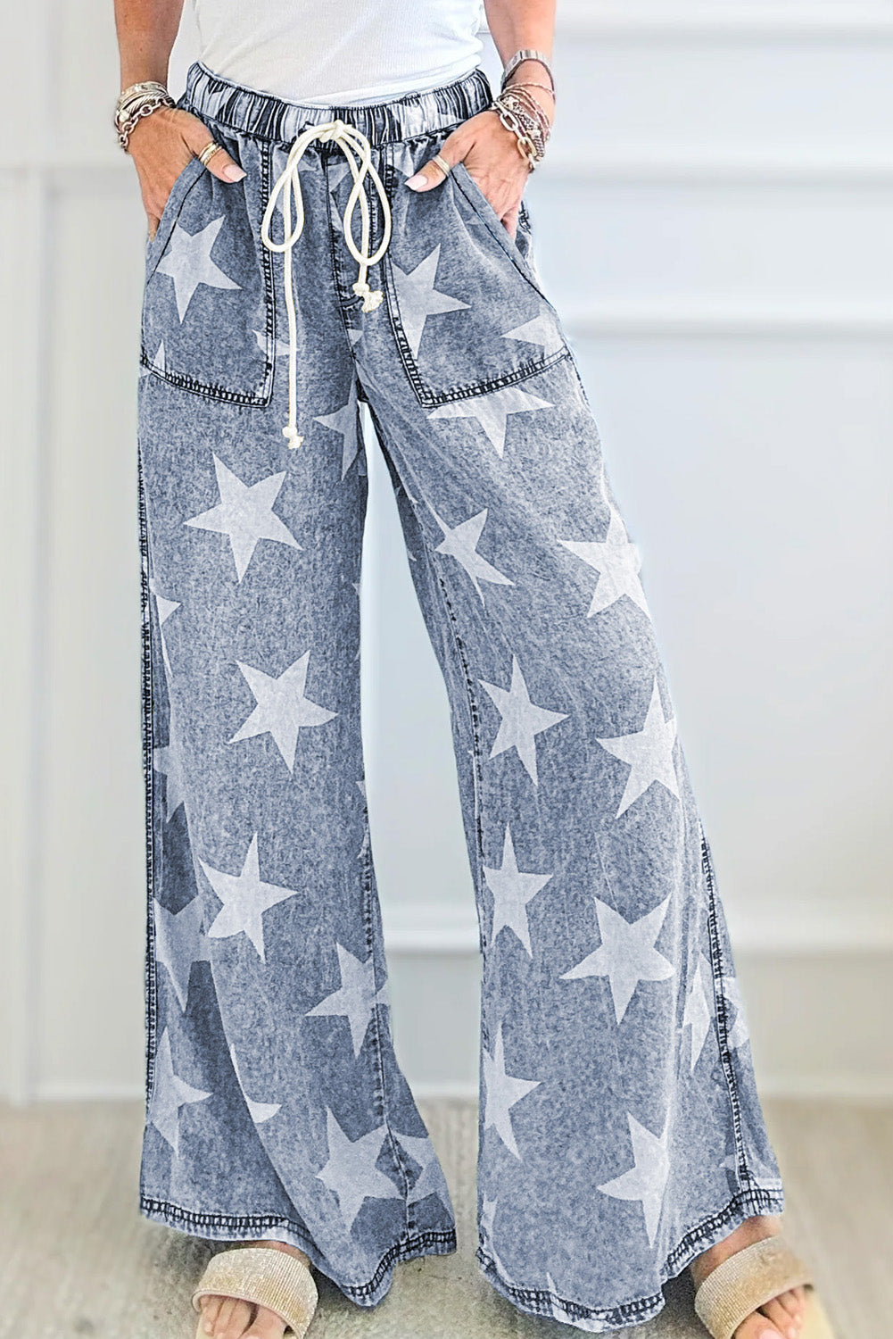 Light Blue Star Print Light Wash Drawstring Elastic Waistband Wide Leg Jeans - Viraxa