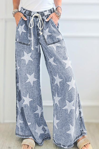 Light Blue Star Print Light Wash Drawstring Elastic Waistband Wide Leg Jeans - Viraxa