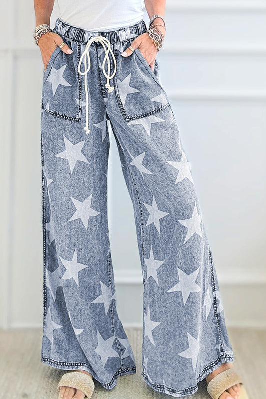 Light Blue Star Print Light Wash Drawstring Elastic Waistband Wide Leg Jeans - Viraxa