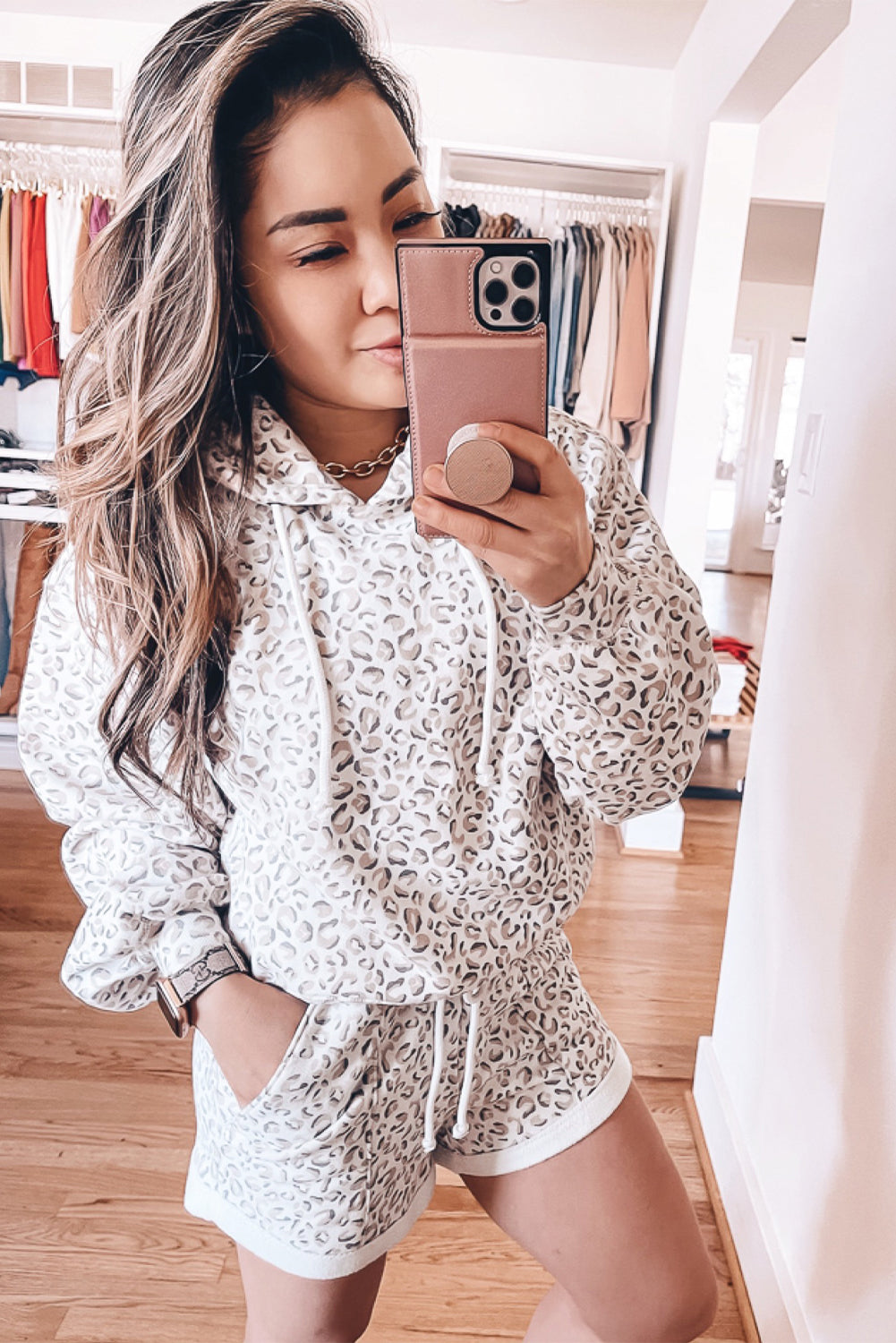 White Classic Leopard Hoodie and Shorts Set - Viraxa