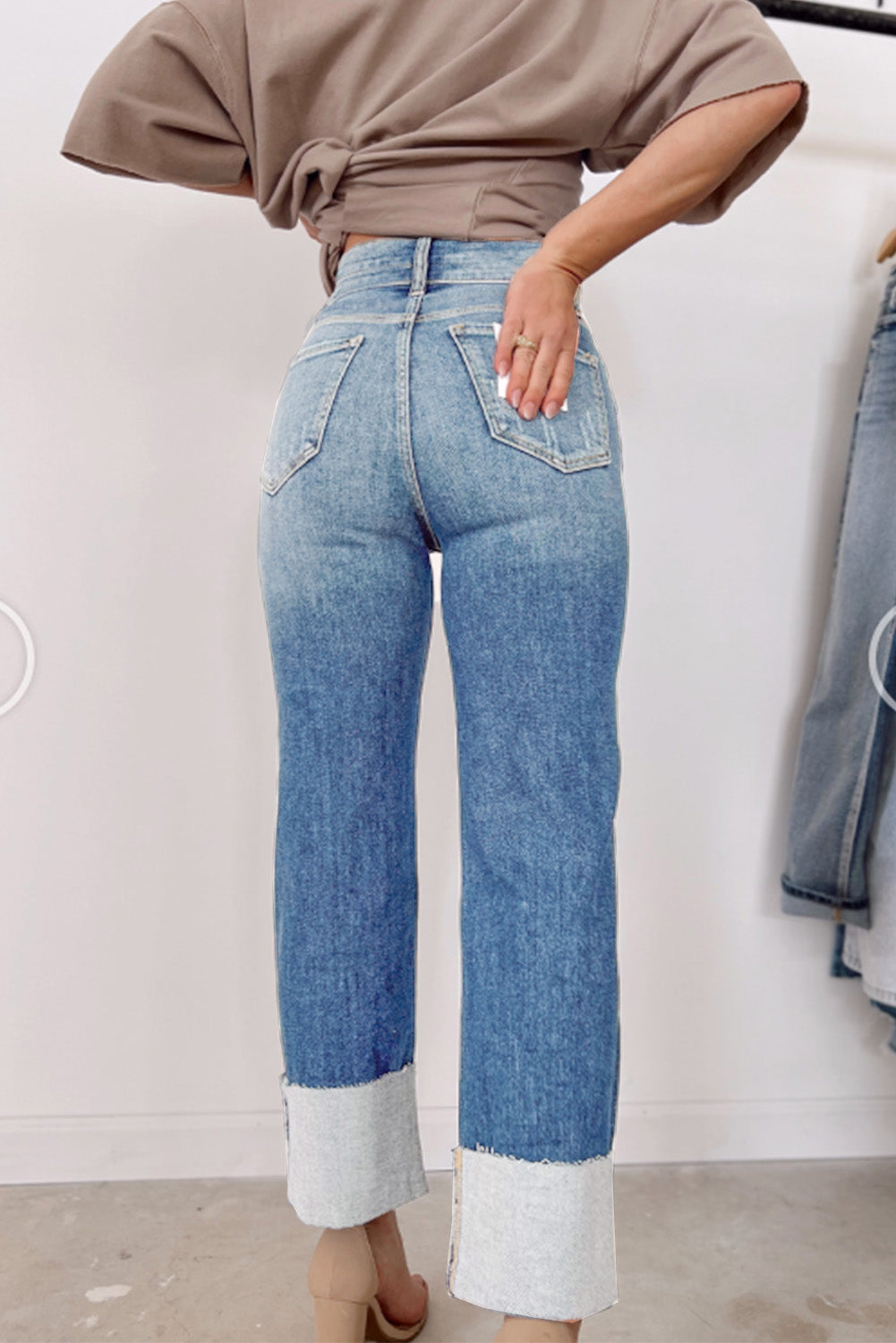 Sky Blue High Waist Distressed Straight Leg Jeans - Viraxa
