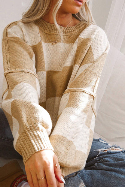Khaki Checkered Bishop Sleeve Sweater - Viraxa