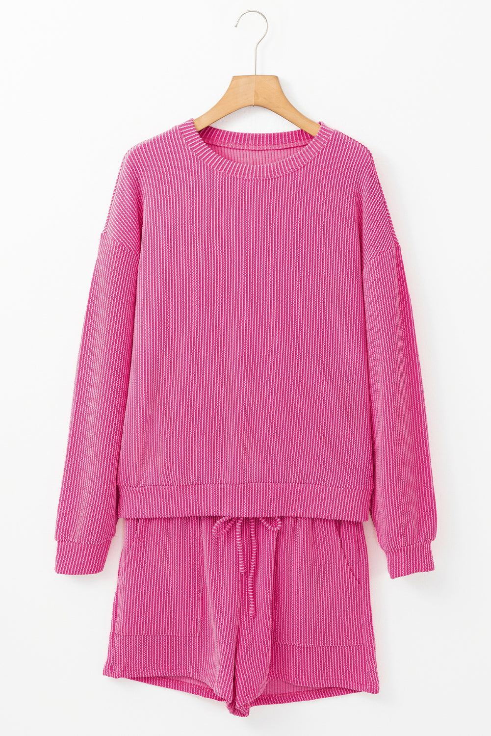 Strawberry Pink Corded Textured Long Sleeve Top and Shorts Set - Viraxa