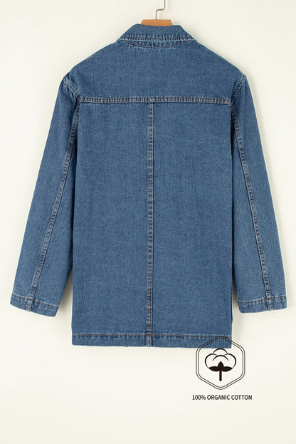 Sail Blue Side Pockets Lapel Collar Denim Jacket