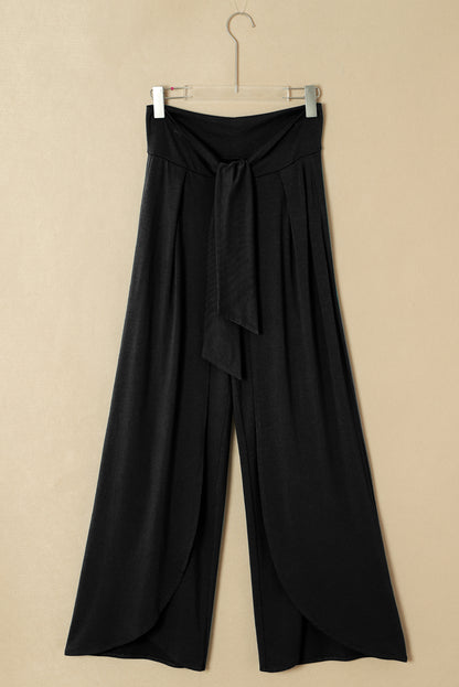 Black Knotted Drop Waist Split Leg Relaxed Pants - Viraxa