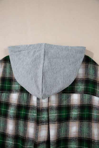 Green Plaid Print Chest Pocket Buttoned Hooded Shacket - Viraxa