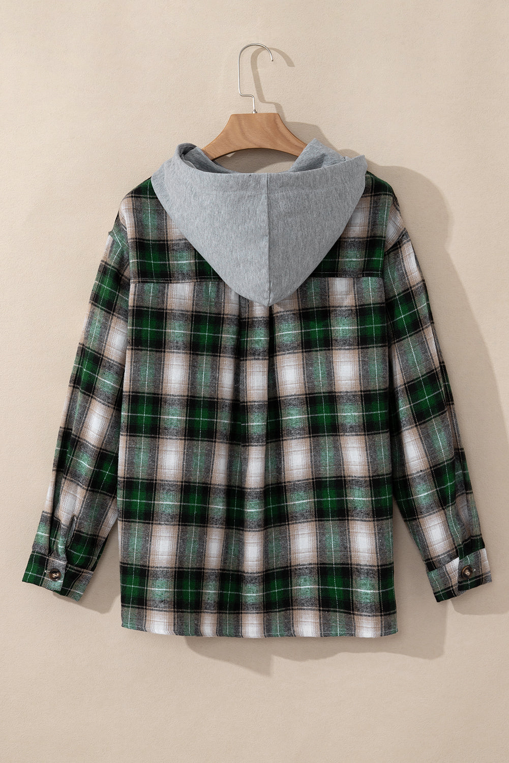 Green Plaid Print Chest Pocket Buttoned Hooded Shacket - Viraxa