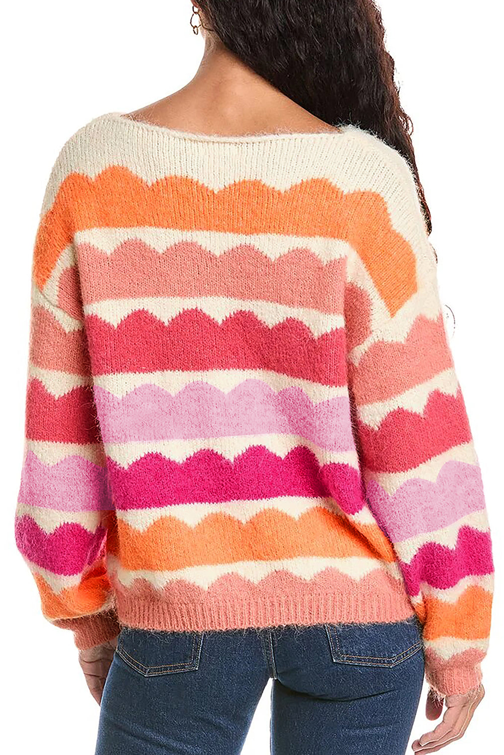 Rose Red Wave Striped Balloon Sleeve Drop Shoulder Sweater - Viraxa