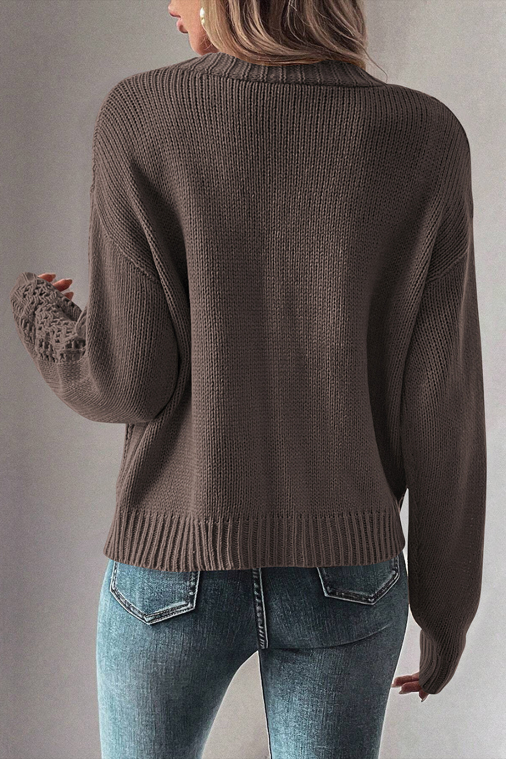 Dark Khaki Open Knit Drop Shoulder Sweater Cardigan - Viraxa