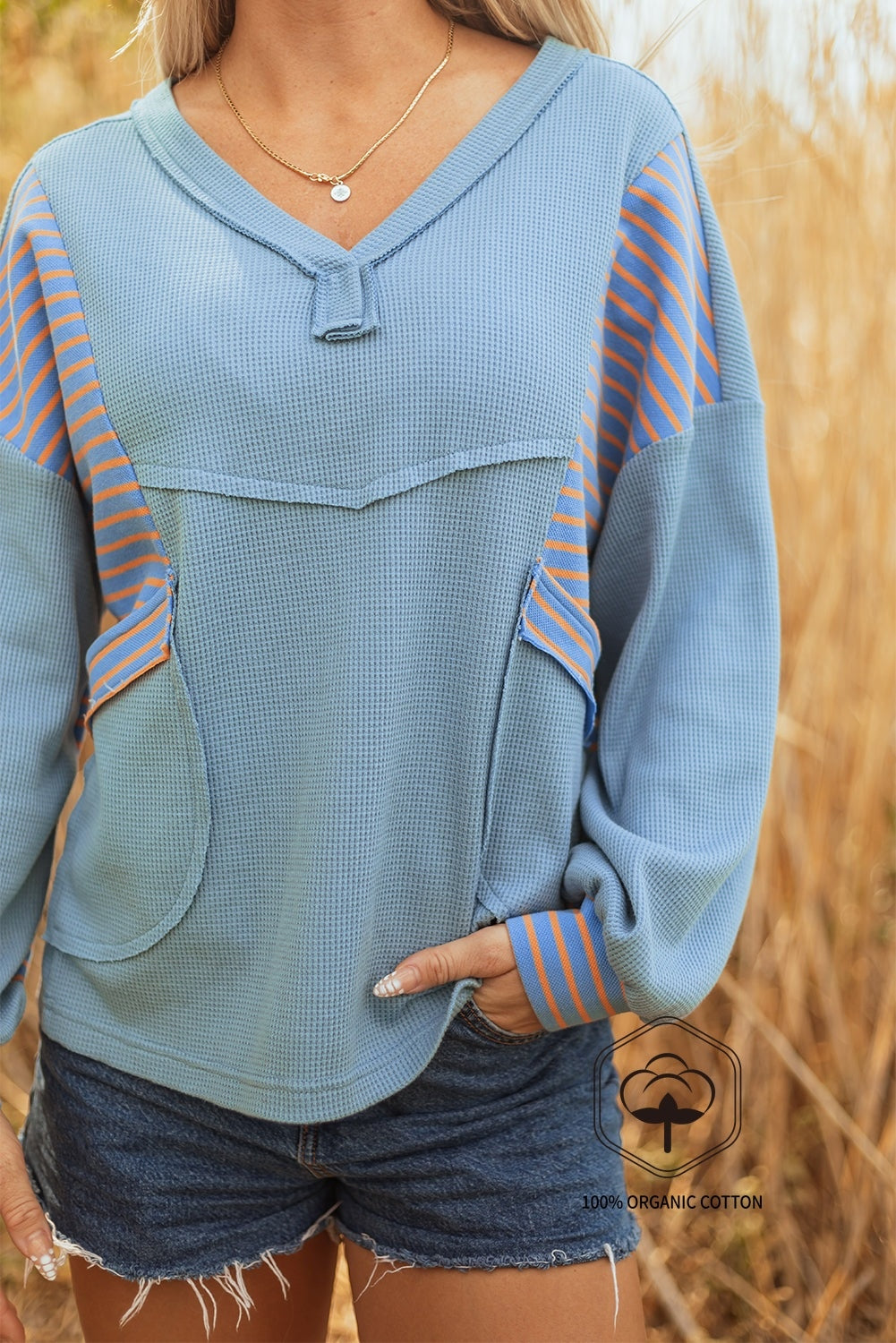 Dusk Blue Exposed Seam Waffle Striped Patchwork Baggy Pullover