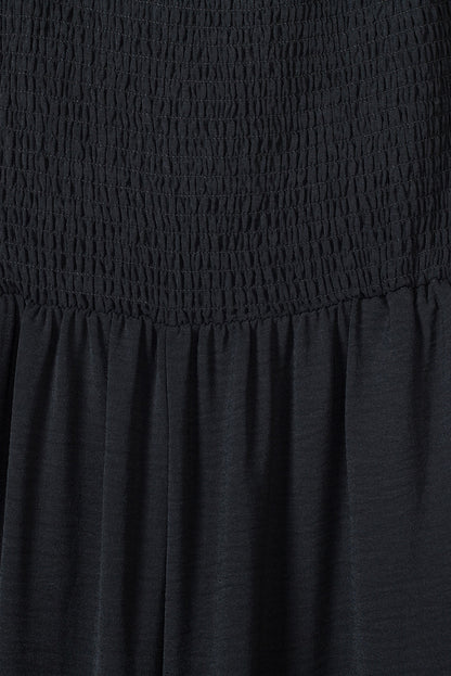 Black Smocked Sleeveless Wide Leg Jumpsuit with Pockets - Viraxa