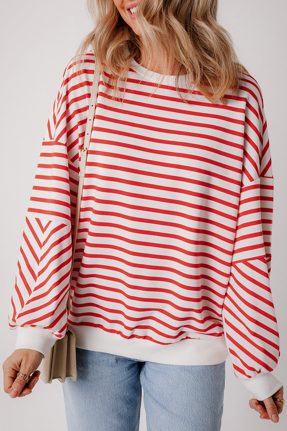 Orange Stripe Drop Shoulder Crew Neck Loose Sweatshirt - Viraxa