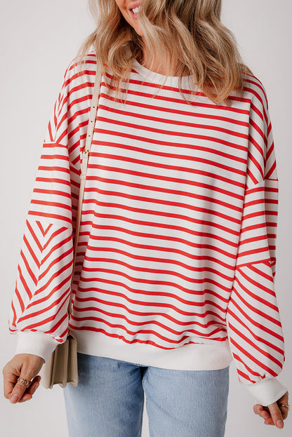 Orange Stripe Drop Shoulder Crew Neck Loose Sweatshirt - Viraxa