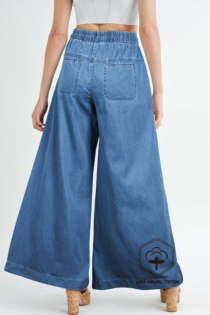 Dusk Blue Mineral Wash Button Fly Waist Wide Leg Jeans - Viraxa