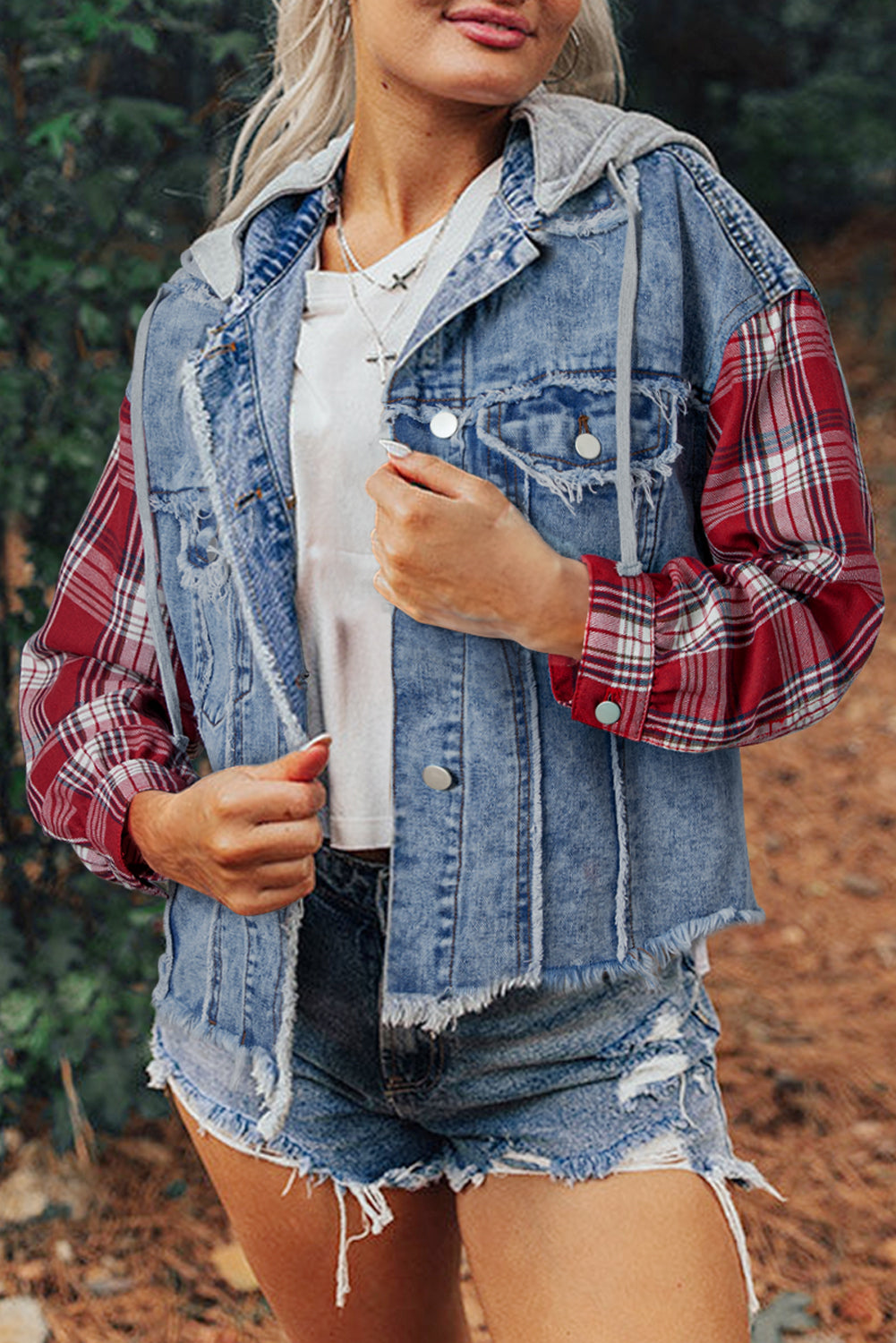 Beau Blue Plaid Print Patchwork Hooded Raw Hem Denim Jacket - Viraxa
