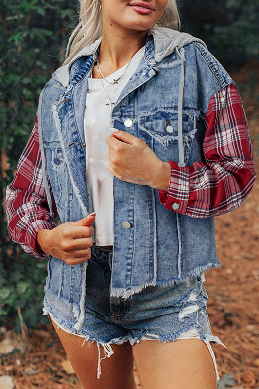 Beau Blue Plaid Print Patchwork Hooded Raw Hem Denim Jacket - Viraxa