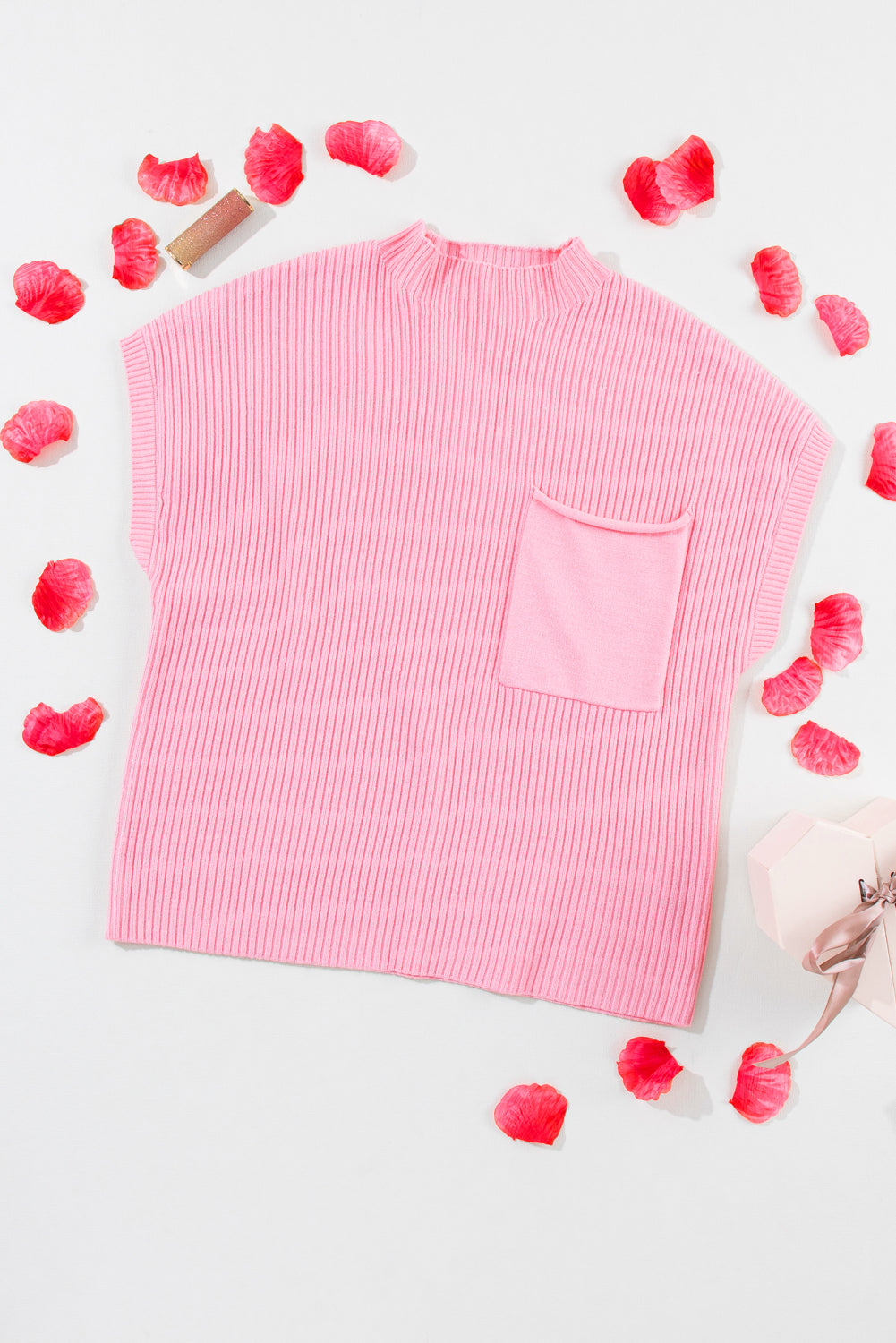 Pink Patch Pocket Ribbed Knit Short Sleeve Sweater - Viraxa
