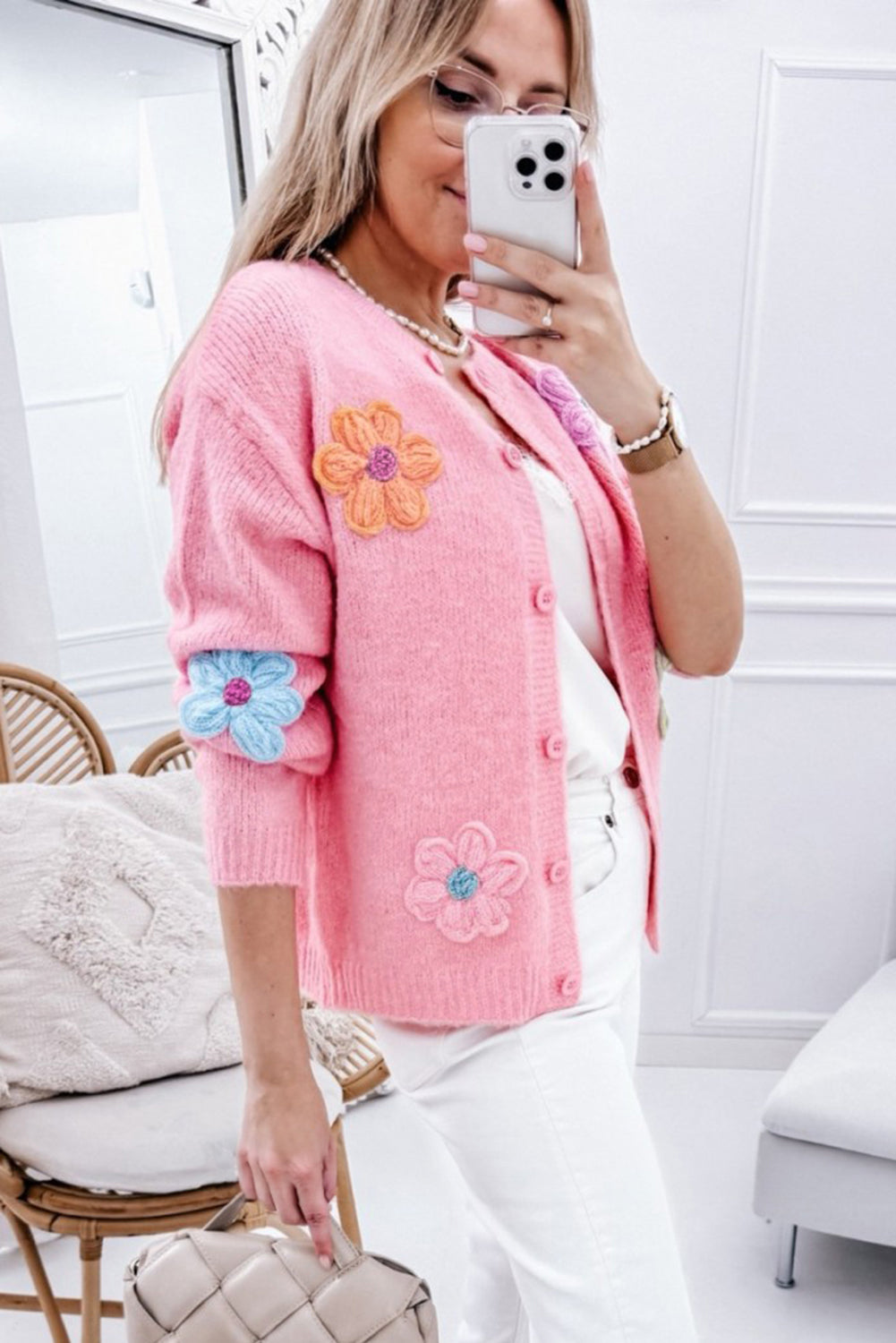 Pink Cute Knitted Floral Pattern Button Up Cardigan - Viraxa