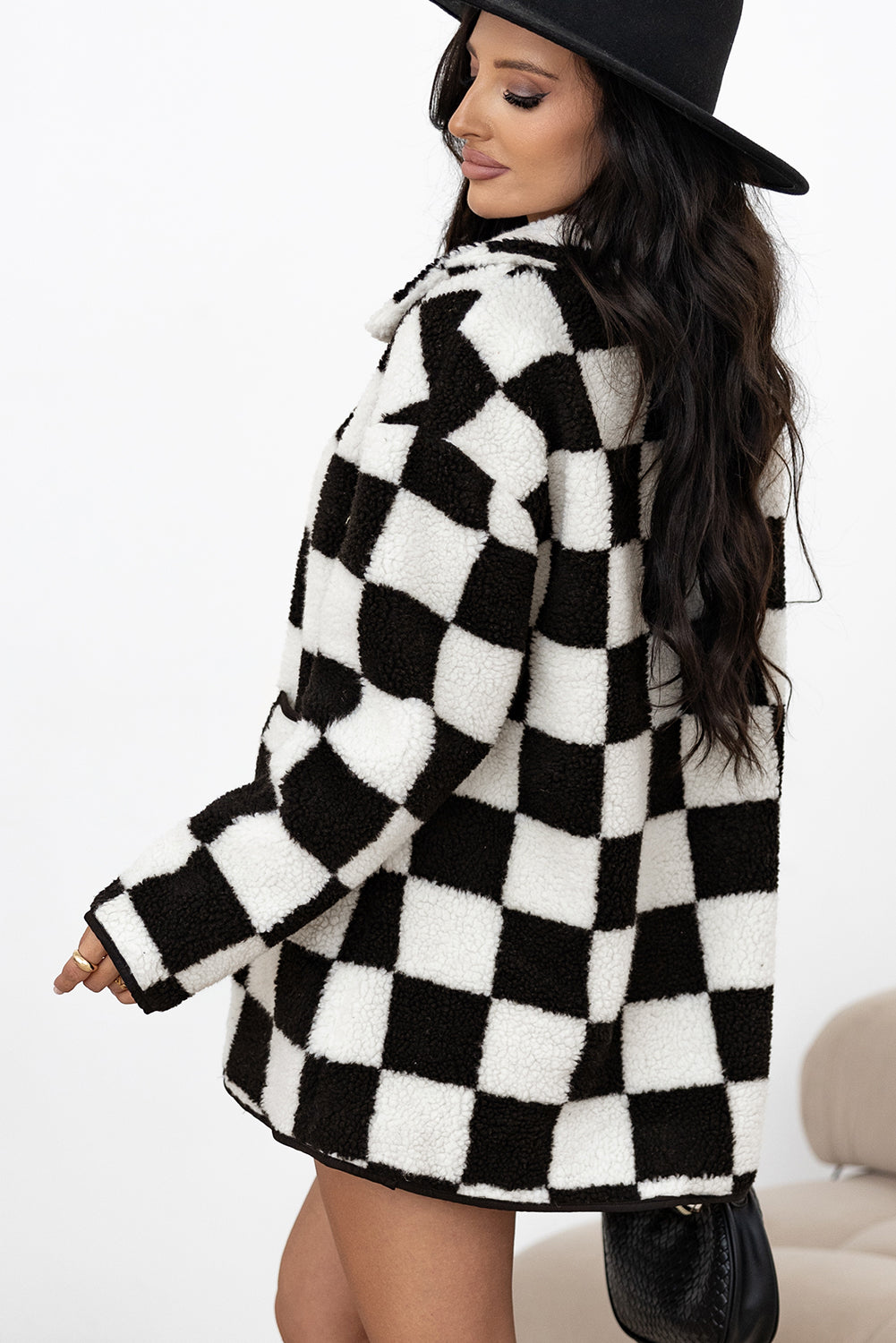 Black Checkered Side Pockets Collared Buttoned Fleece Jacket - Viraxa