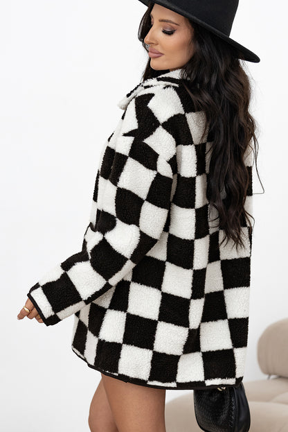 Black Checkered Side Pockets Collared Buttoned Fleece Jacket - Viraxa