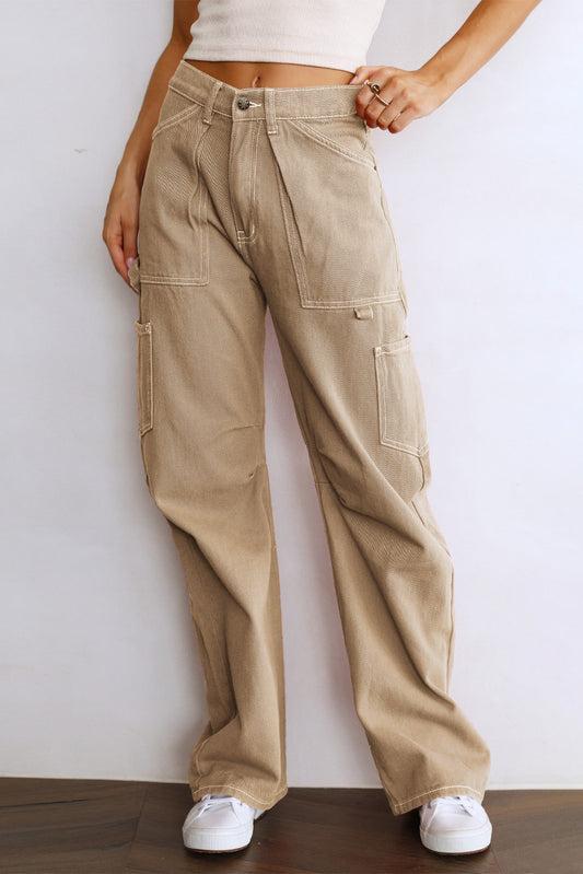 Khaki High Waist Straight Leg Cargo Pants with Pockets - Viraxa