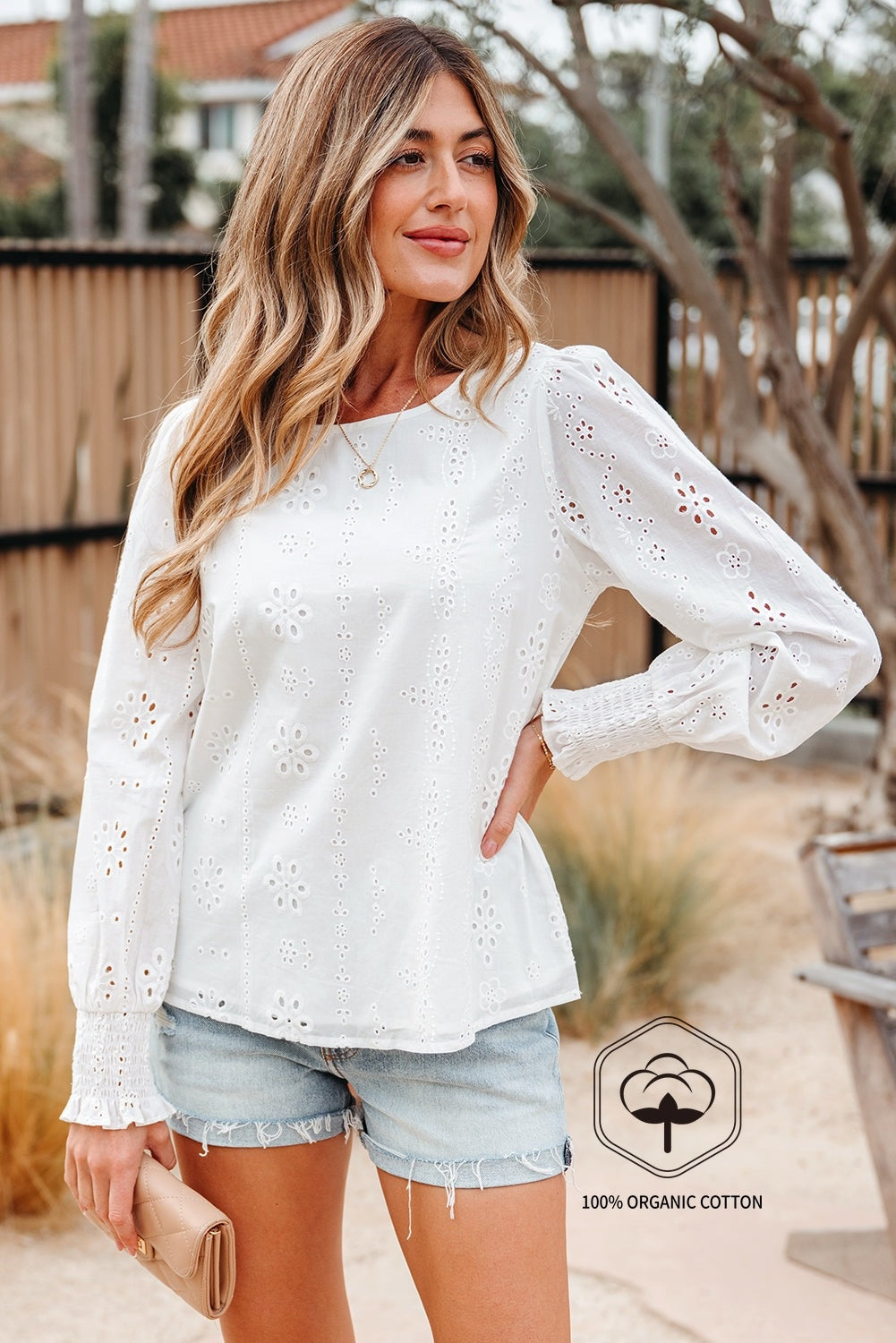 White Eyelet Embroidered Smocked Cuff Sheer Blouse