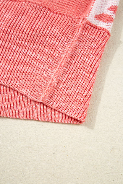 Pink Candycane Snowflake Checker Christmas Holiday Drop Shoulder Tunic Loose Sweater - Viraxa