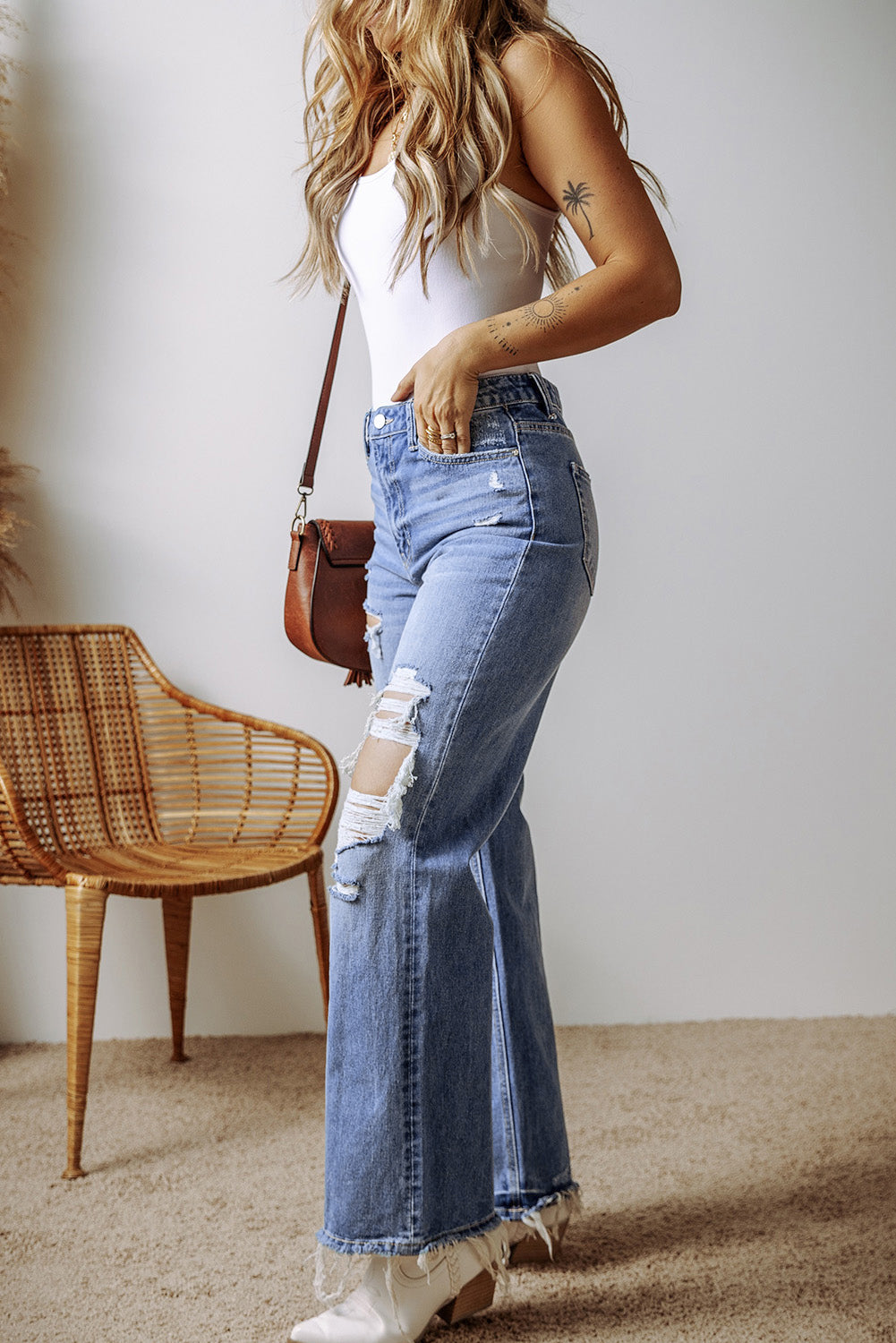 Ashleigh Blue Distressed Raw Hem Straight Leg High Waist Jeans - Viraxa