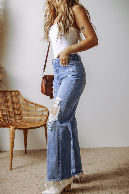 Ashleigh Blue Distressed Raw Hem Straight Leg High Waist Jeans - Viraxa