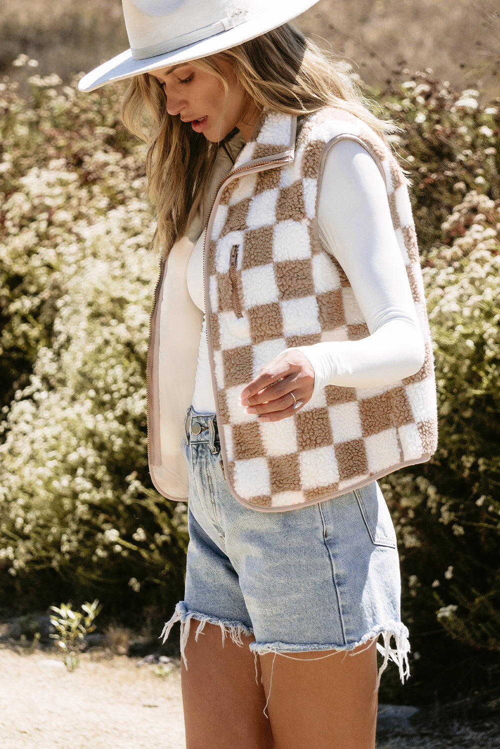 Khaki Checkered Sherpa Collared Jacket Vest - Viraxa