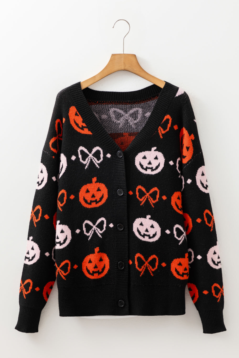 Black Halloween Pumpkin Bow Knit Button V Neck Sweater Cardigan - Viraxa