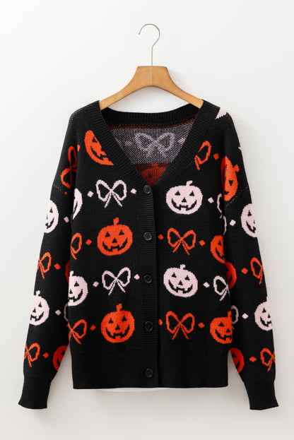 Black Halloween Pumpkin Bow Knit Button V Neck Sweater Cardigan - Viraxa