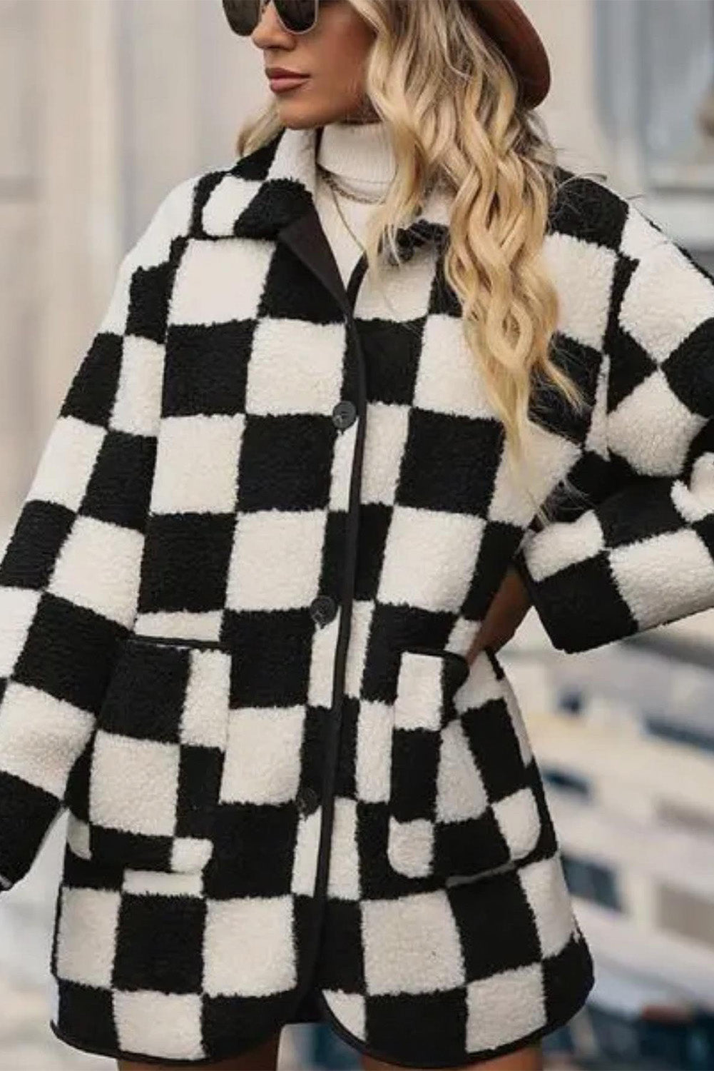 Black Checkered Side Pockets Collared Buttoned Fleece Jacket - Viraxa