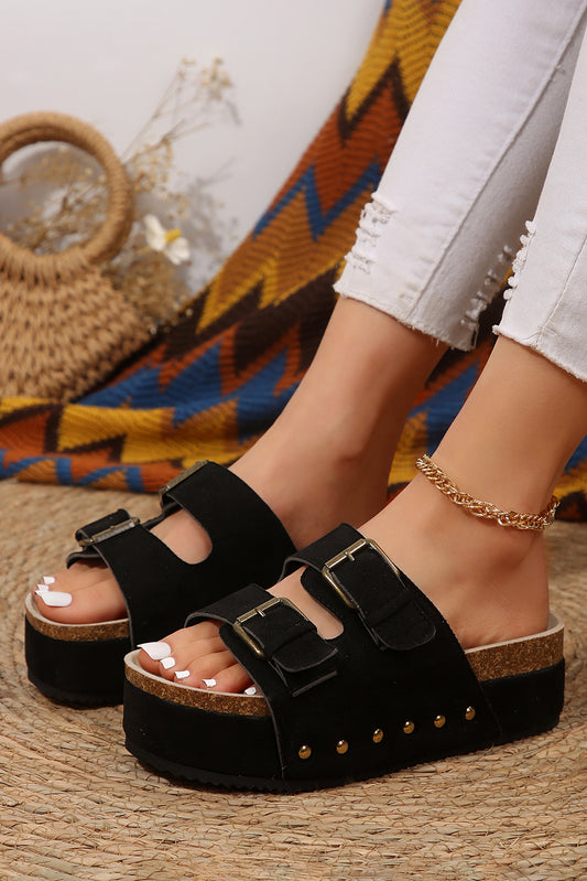 Black Suede Buckle Decor Footbed Sandal Slippers - Viraxa