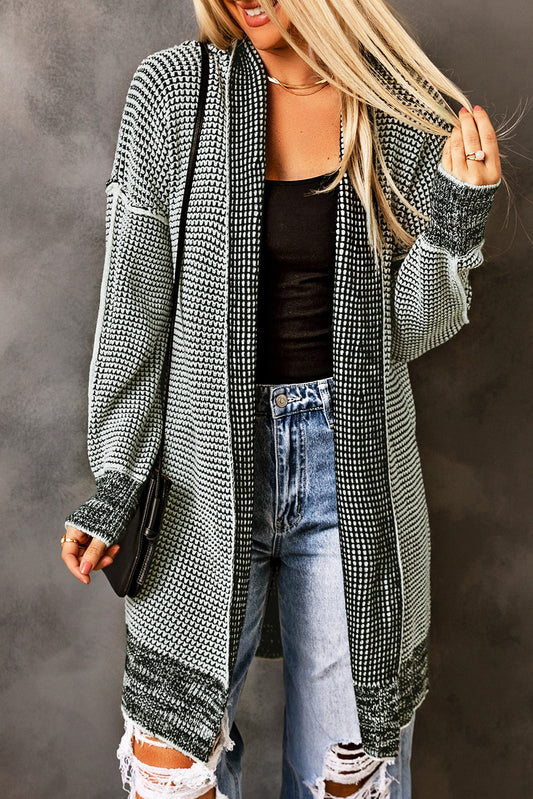 Gray Plaid Knitted Long Open Front Cardigan - Viraxa